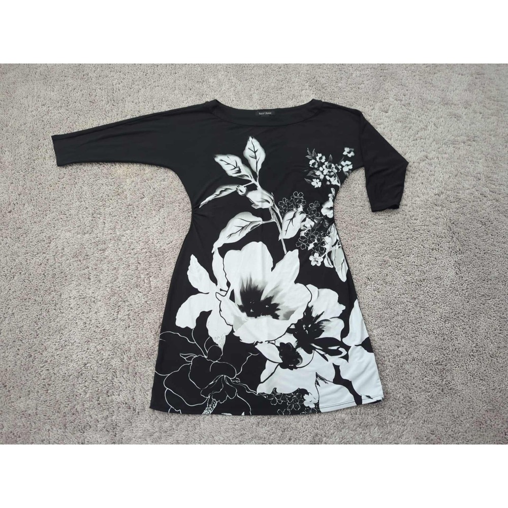 White House Black Market Shift Dress Womens S Black Floral Long Sleeve Mini